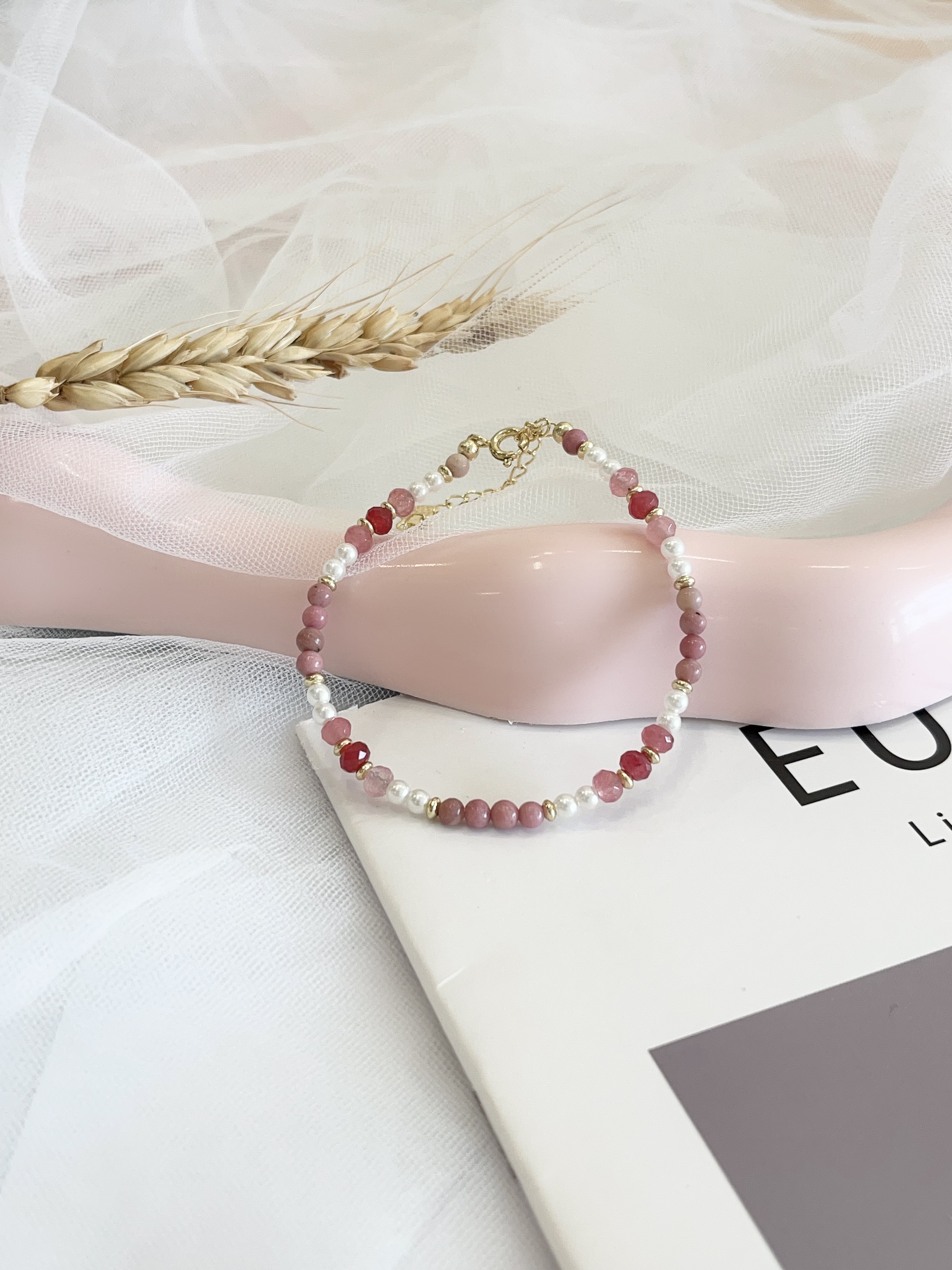 🌹 蔷薇石 × 珍珠细手链  Rose Quartz & Pearl Bracelet｜3-4mm