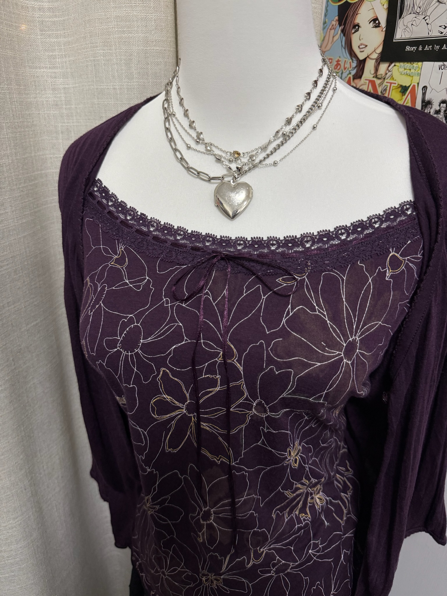 Purple Floral Mesh Top & Cardigan Twinset