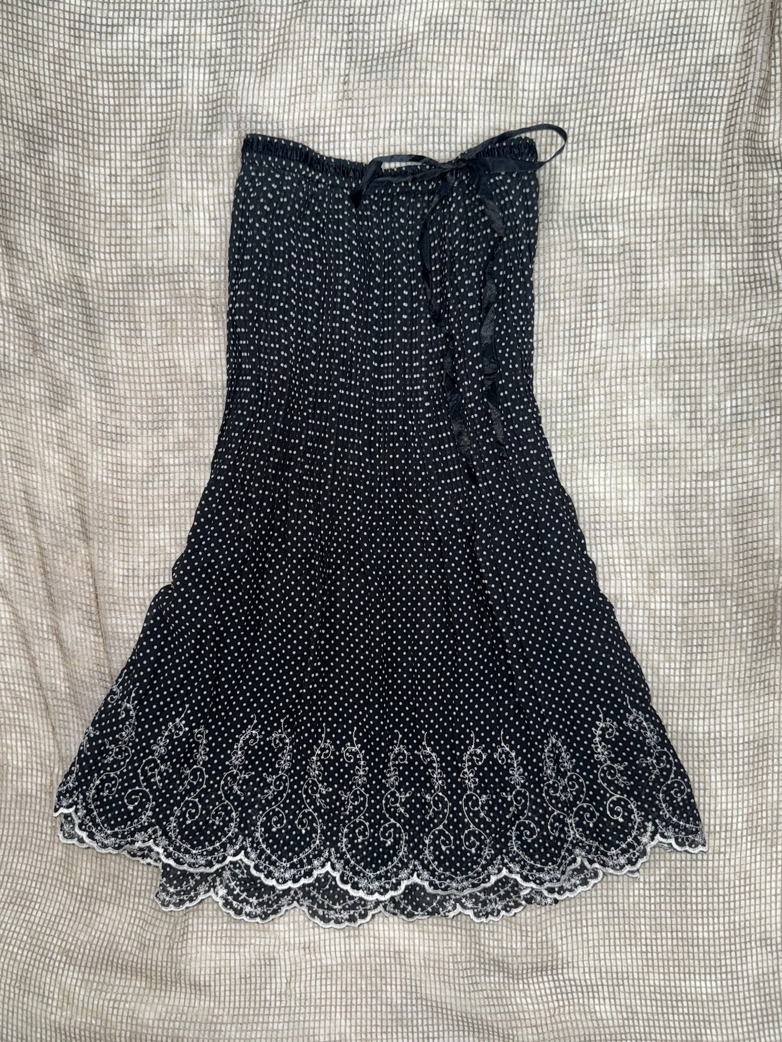 French Girly Ribbon Drawstring Lace Micro Dot Midi Skirt 