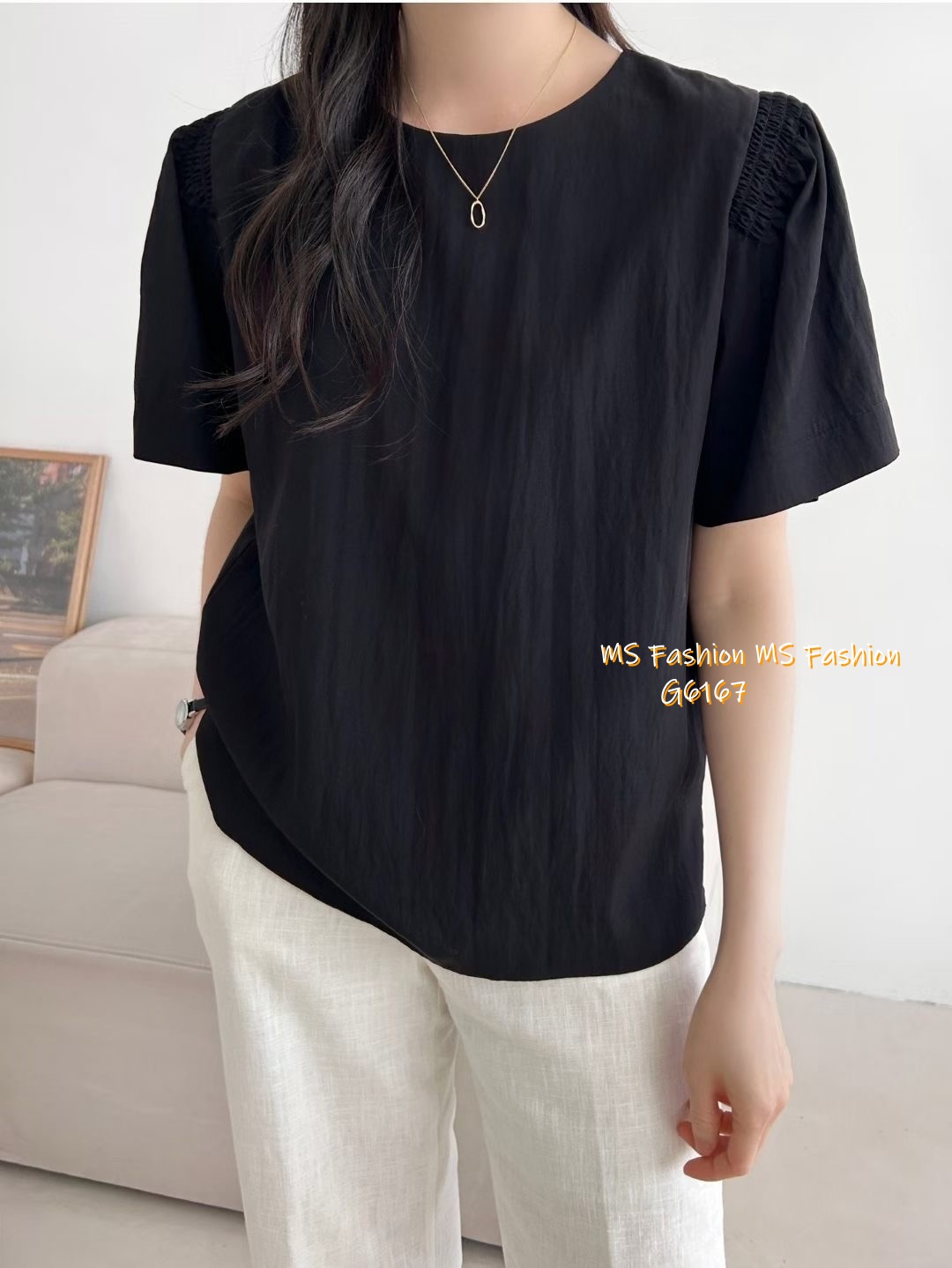 G6167 韓國🇰🇷淨色肩皺摺top