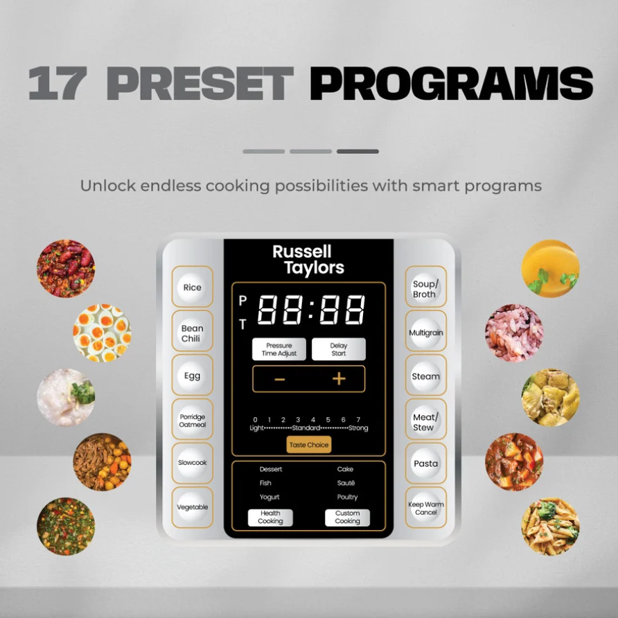 Russell Taylors Electric Pressure Cooker 17 Preset Programs Stainless Steel Pot (6L) PC6