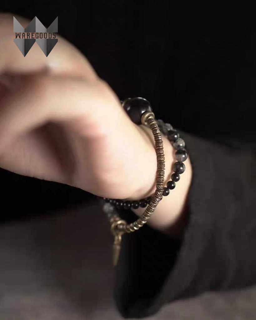 W1006黒發晶黑曜石混搭銅珠手鏈