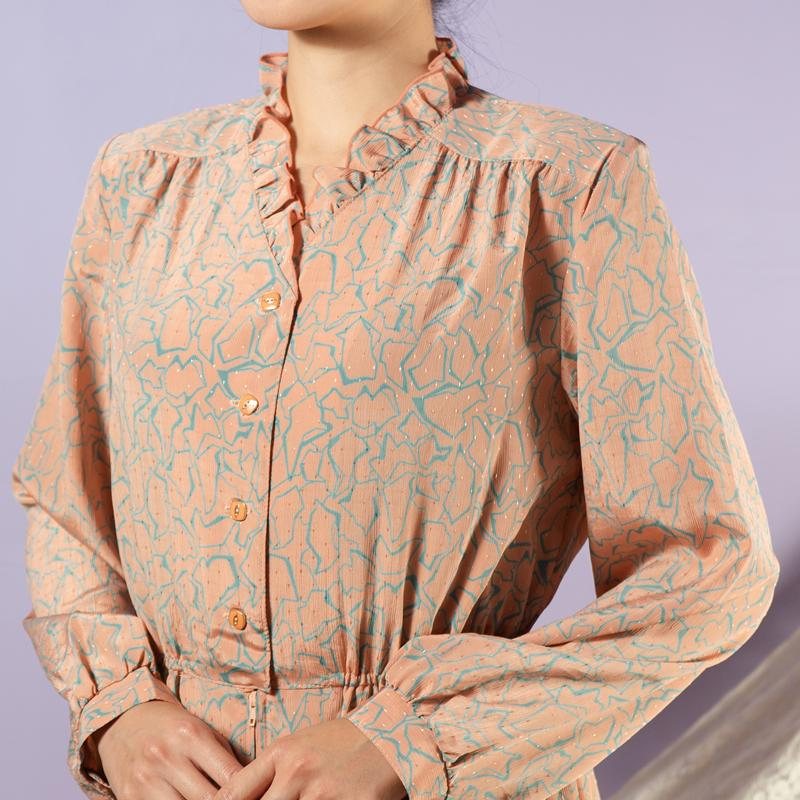 Vintage Japanese Irregular Pattern Ruffle Collar Nude Colour Day Dress / Long Sleeve Vintage Dress (MT1608-115)