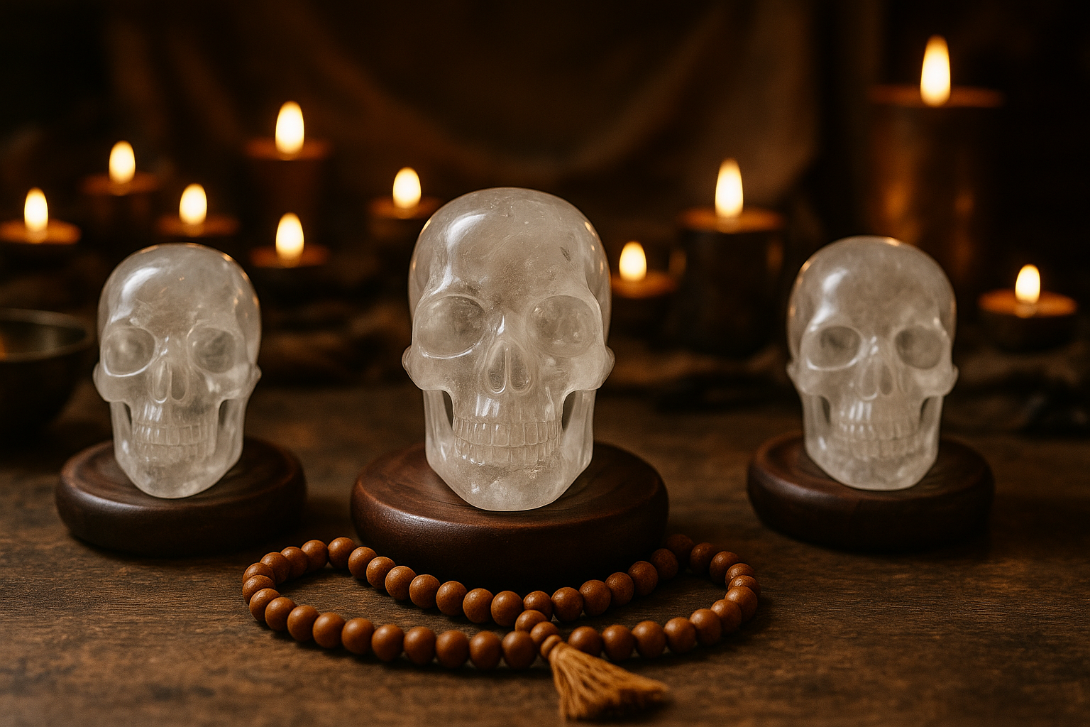 Crystal skulls in meditation or ritual settings.