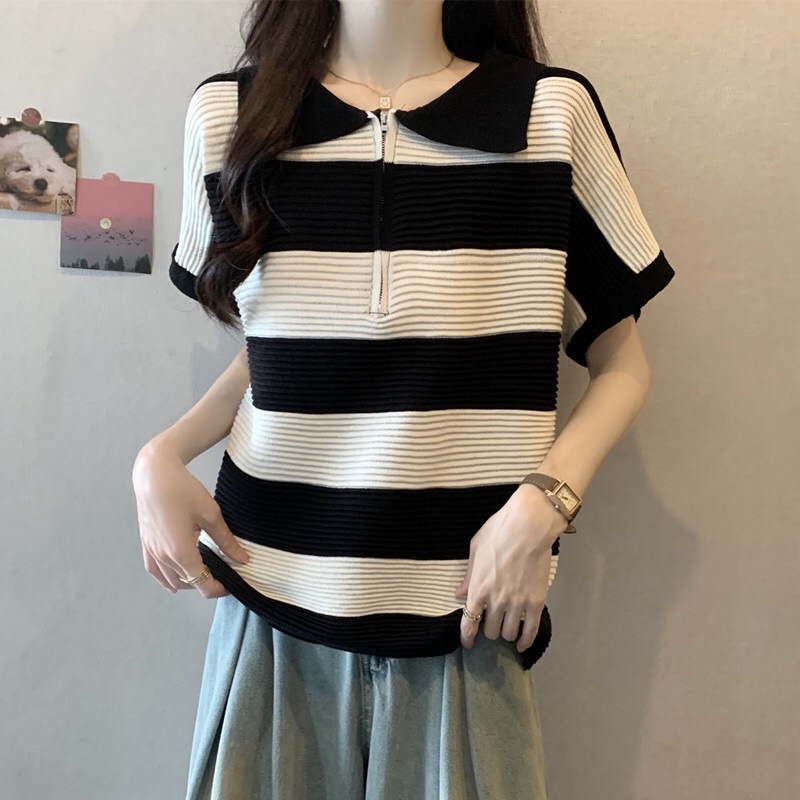 B135(942) 韩版洋气拉链翻领撞色横纹针织黑上衣 