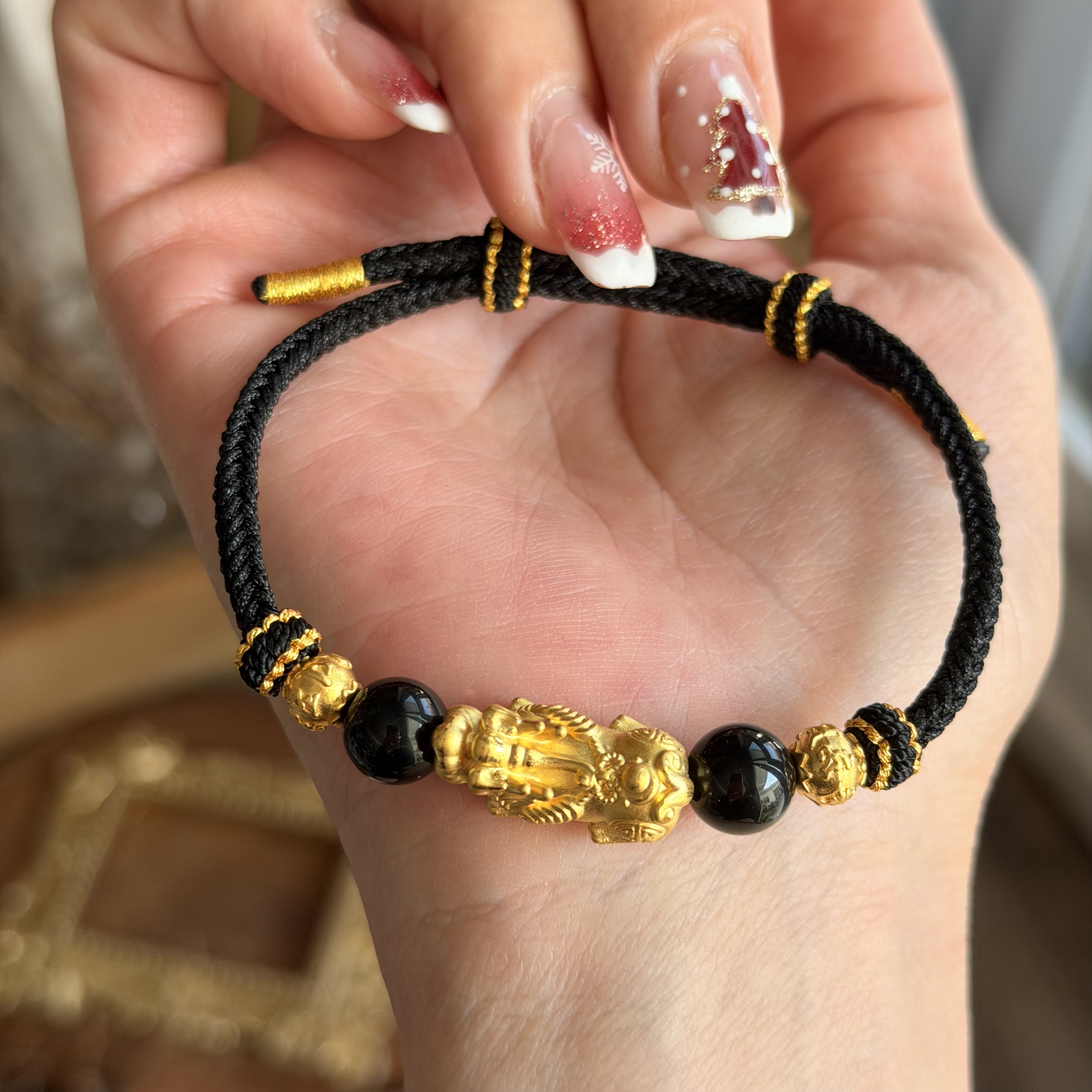 999硬金貔貅+6mm硬金金珠襯黑曜石手繩