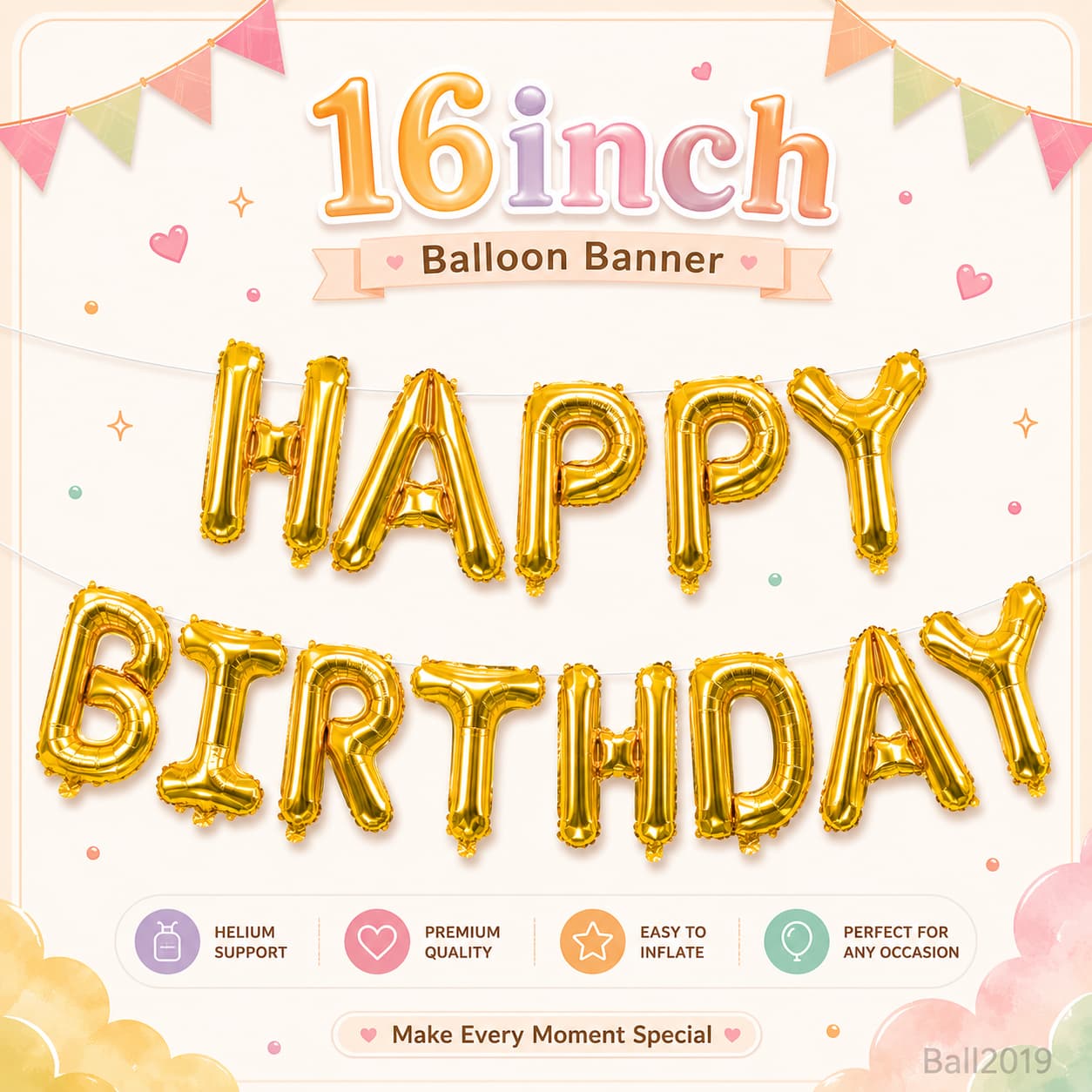 16吋金色 HAPPY BIRTHDAY 生日字母鋁膜氣球拉旗 Birthday Balloon Banner