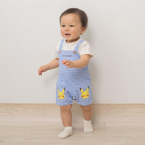 🇯🇵預訂 日本直送🇯🇵Monpoke比卡超刺繡貼花藍色格紋吊帶短袖連身服