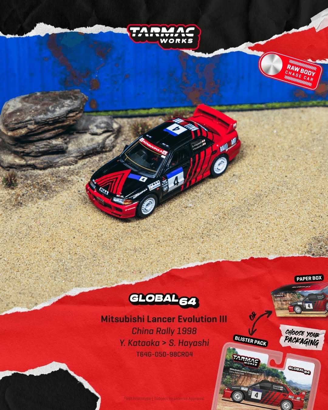 （預訂 Pre Order) Tarmac Works  ( T64G-050-98CR04 ) Mitsubishi Lancer Evolution III China Rally 1998 Yoshihiro Kataoka / Satoshi Hayashi