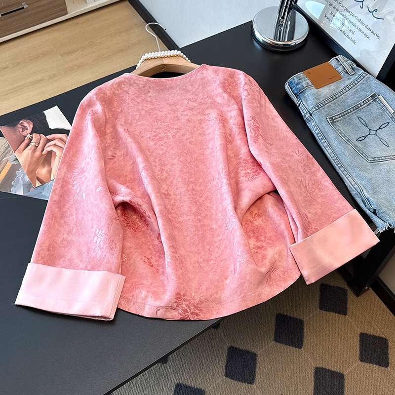 B265(0190外套) 新中式薄款古典碎花提花粉外套上衣 