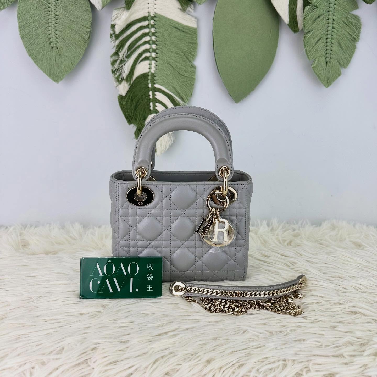 DIOR🤍PRE OWNED Mini Lady 珠光灰金扣羊皮 手提斜肩包🩶