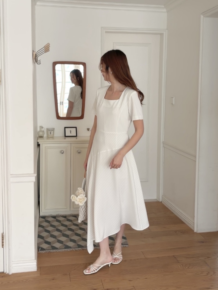 Asymmetric Striped Dress (Ivory)