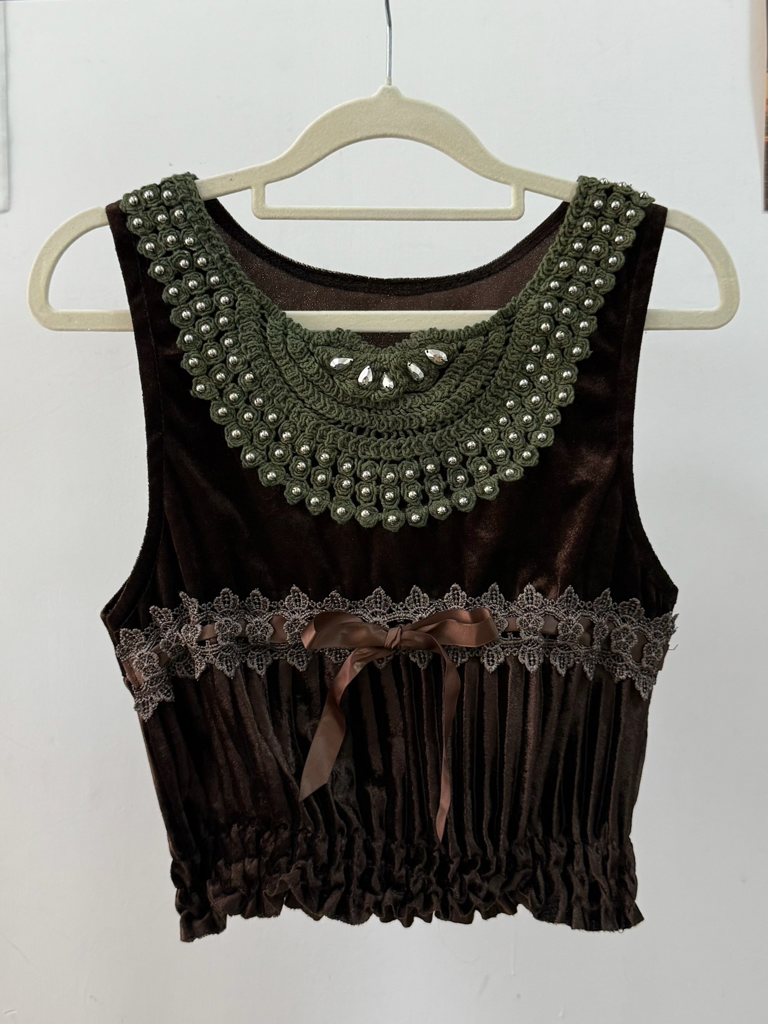 Brown Velvet Beaded Neckline Top
