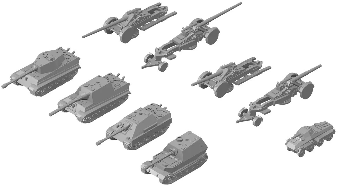 1/700 WWII German Military Vehicle Set 3 [Tiger II, Jagdtiger, Jagdpanther, Elefant, Schwerer Panzerspahwagen, 17cm Kanone 18 (Shooting And Carrying), 21cm Mrs 18 (Shooting And Carrying)]