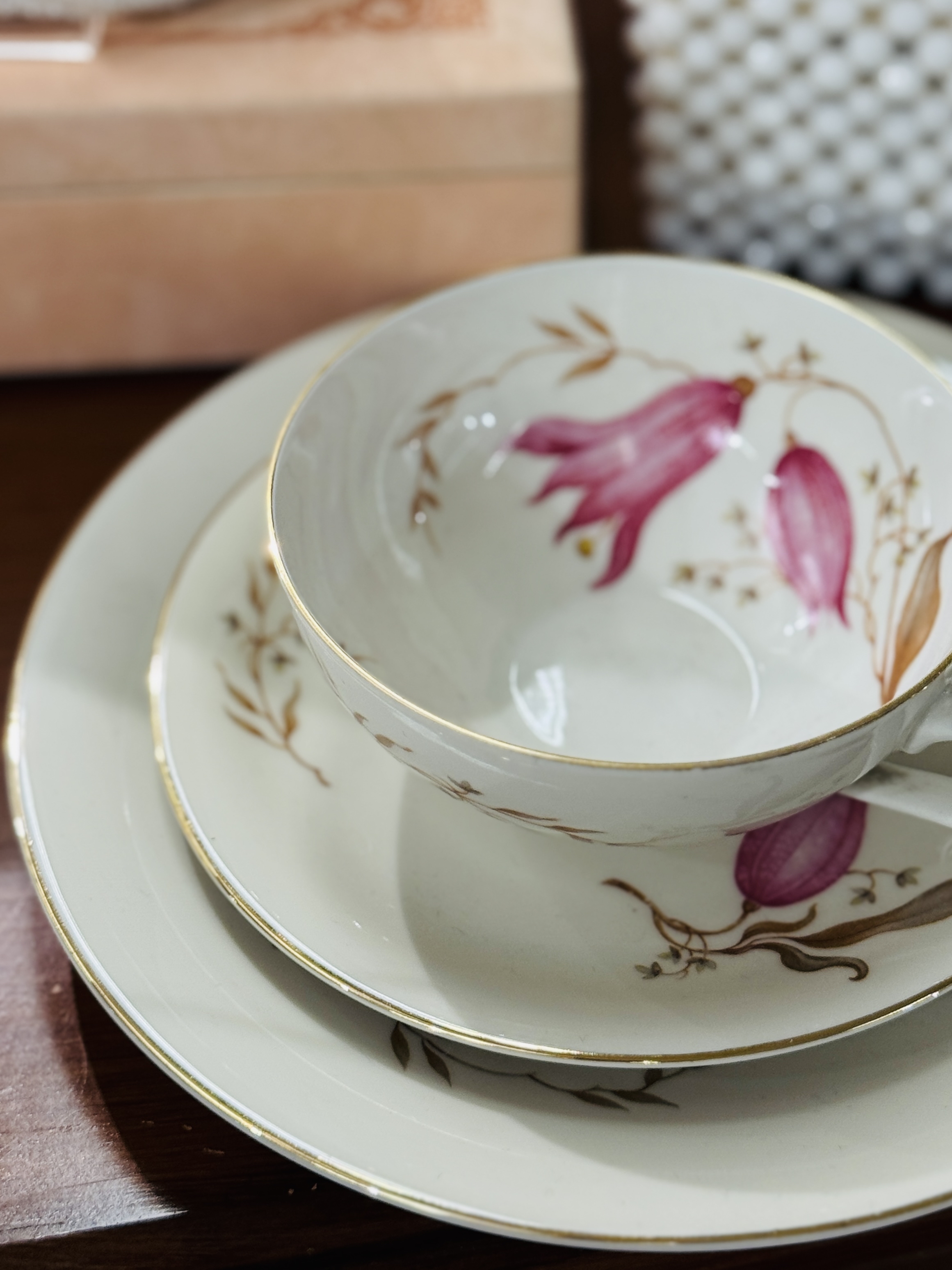 Vintage Pre-1969 German Hertel Jacob Flower Bud Foliage Tea Set Trio(NA0778)