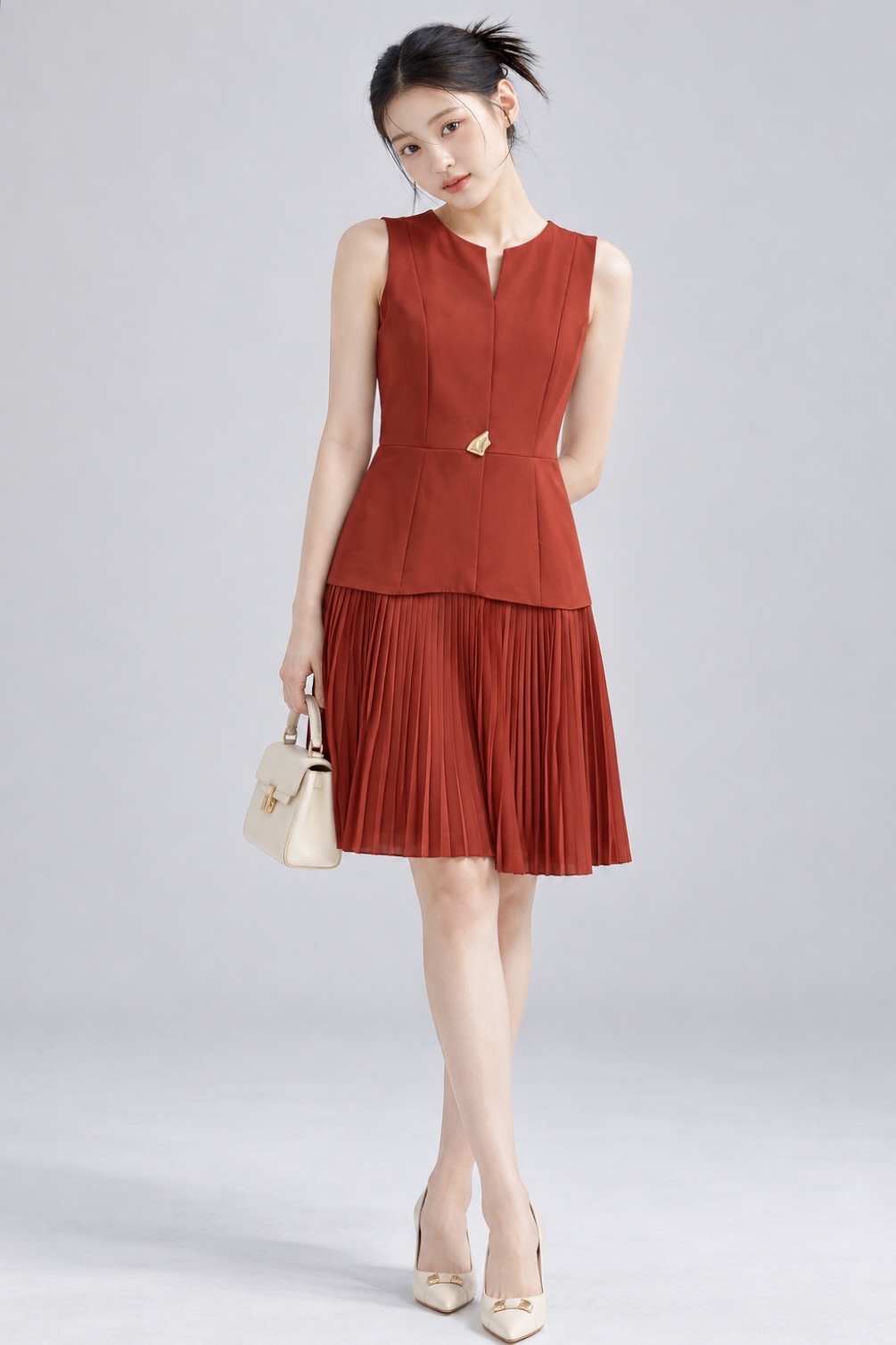 26610 Pleated Peplum Midi Dress