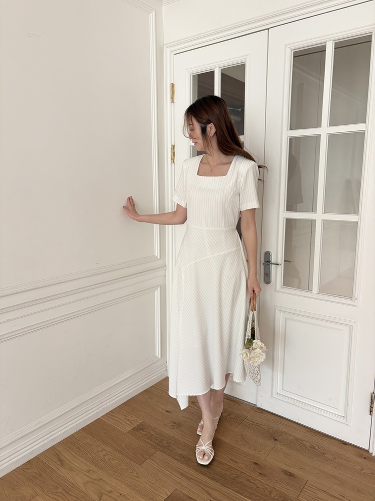 Asymmetric Striped Dress (Ivory)