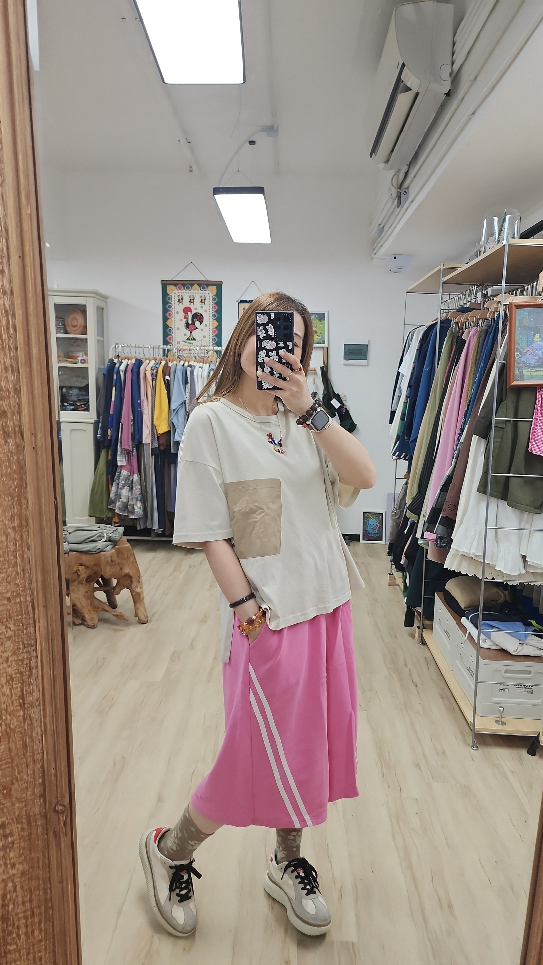 韓國杏拼啡單袋棉Tee