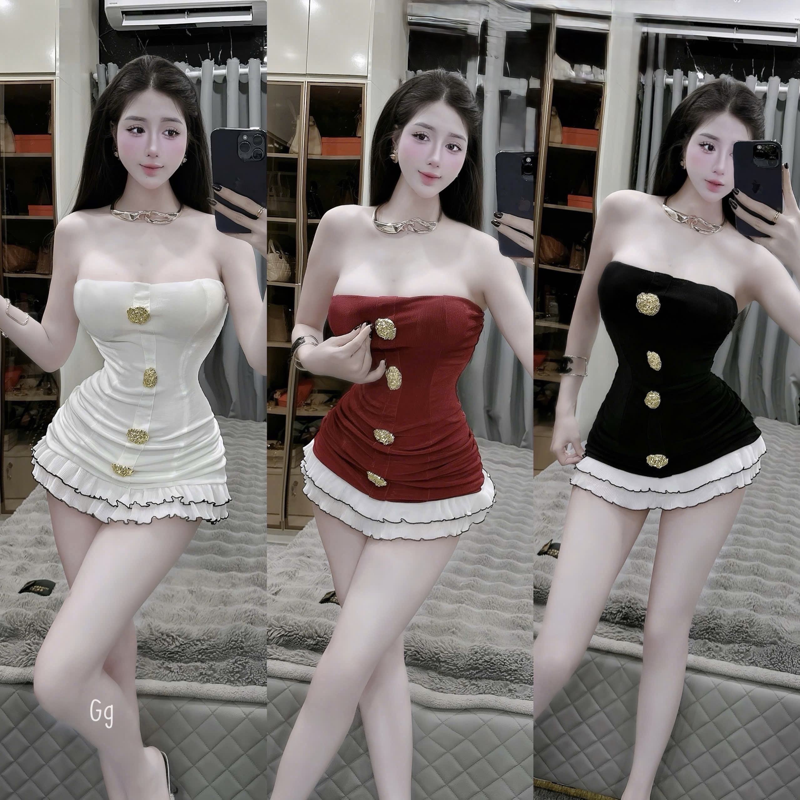 针织無肩帶連身裙