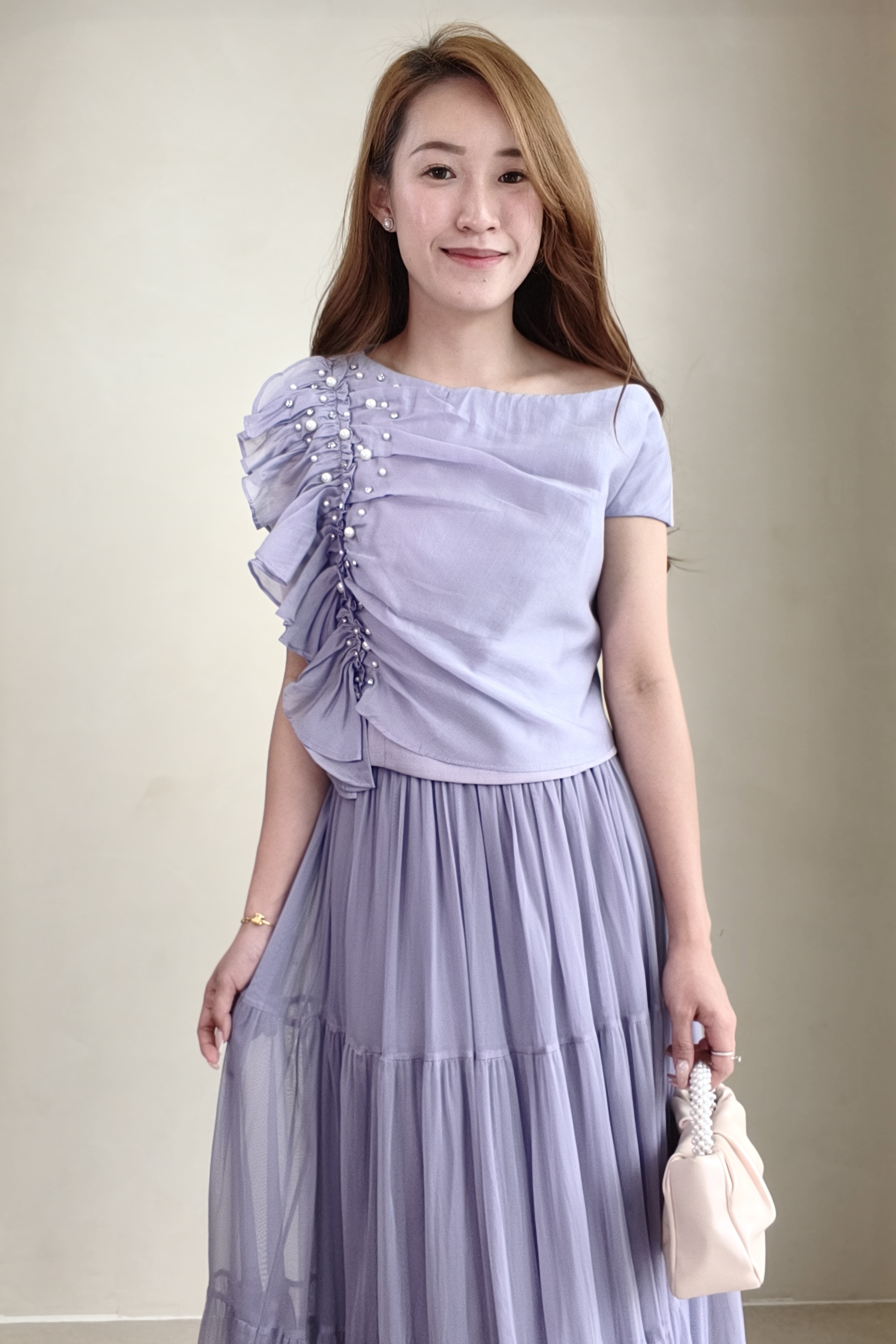 10141364 Pearl Ruffle Draped Blouse