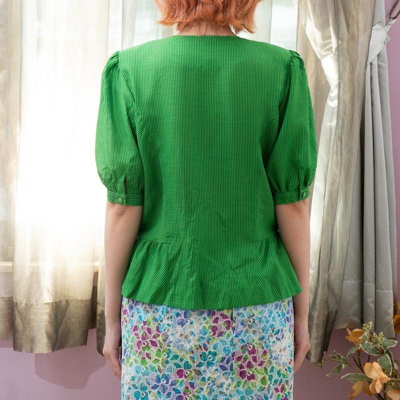 Vintage Japanese Green Vertical Stripe Pattern Mid-Sleeve Peplum Button-Up Top（MT2068)