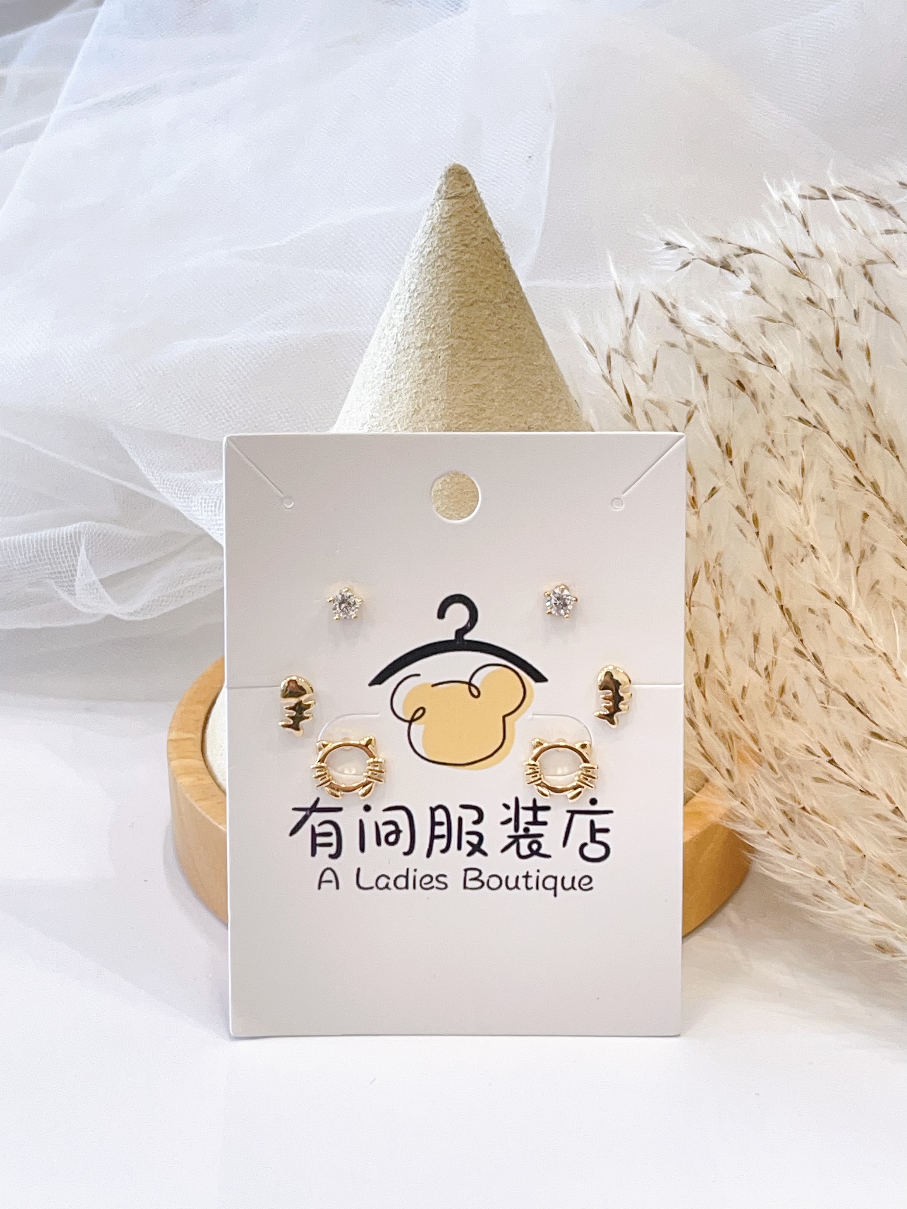 小猫鱼骨耳环套装