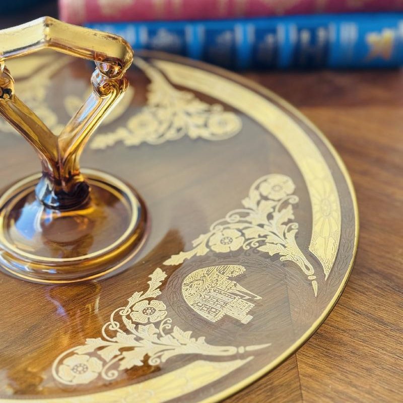 Antique 1920s Amber Glass Embossed Golden Castle and Scrollwork Pattern Large Cake Plate with Geometric Handle (MT2166)
