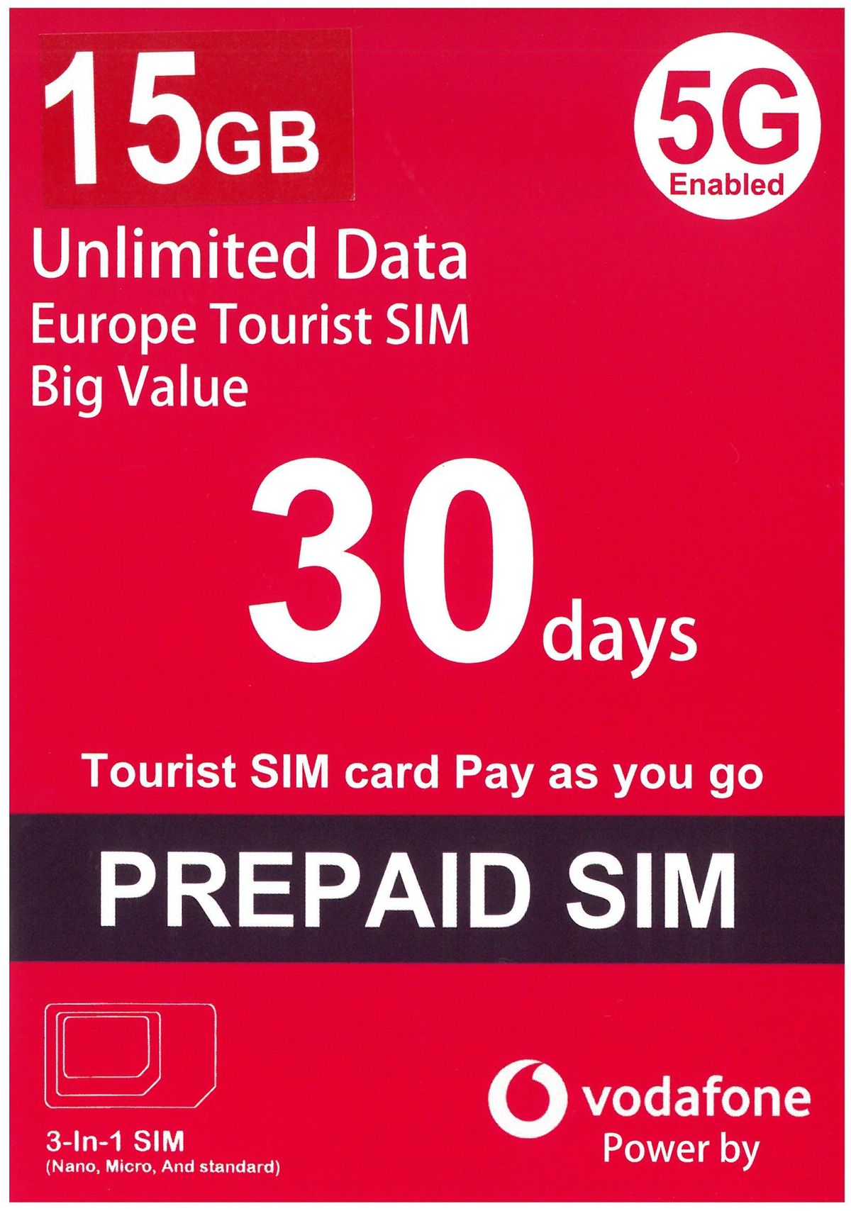 📬限時包平郵📬Vodafone 5G/4G歐洲多國30天15GB數據卡/美國/斯洛文尼亞/吉爾吉斯坦/西班牙/捷克/即插即用/無需實名 Europe Data Sim Travel sim