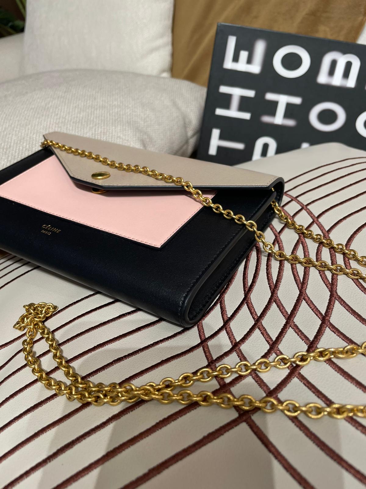 Celine clutch on chain 灰色拼粉紅牛皮鏈條銀包斜孭袋  100%Authentic ,98%new✅dust bag 