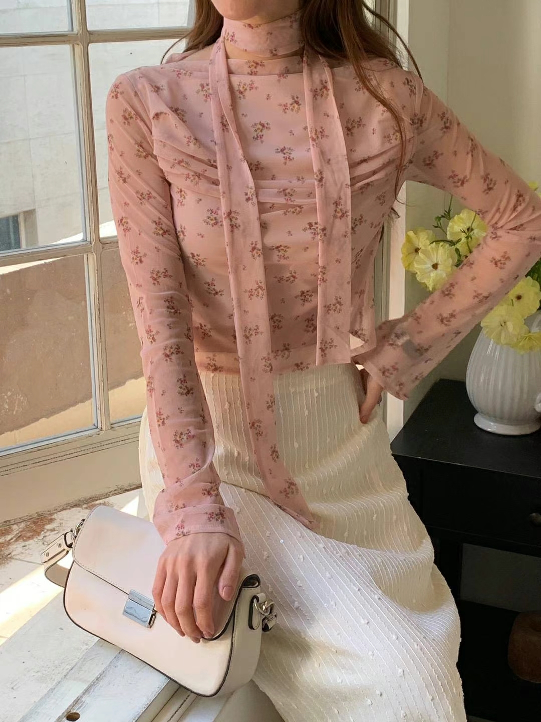 Vintage Floral Chiffon Long Sleeve Blouse with Adjustable Neck Tie ‖ 复古碎花雪纺立领长袖上衣（领口系带可自由打结或自然垂落）英文KR01621