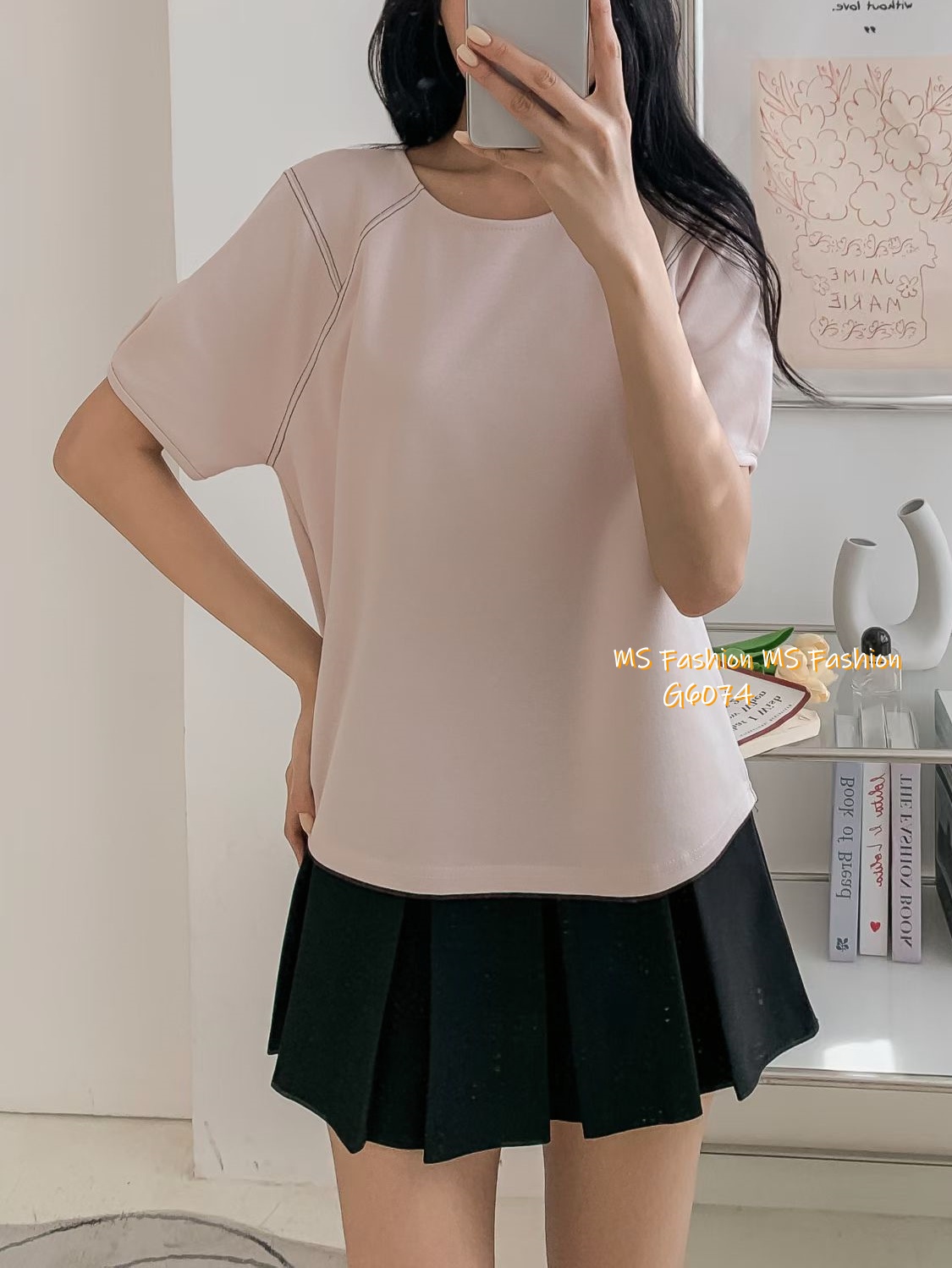 G6074 韓國🇰🇷淨色圓領摺袖top