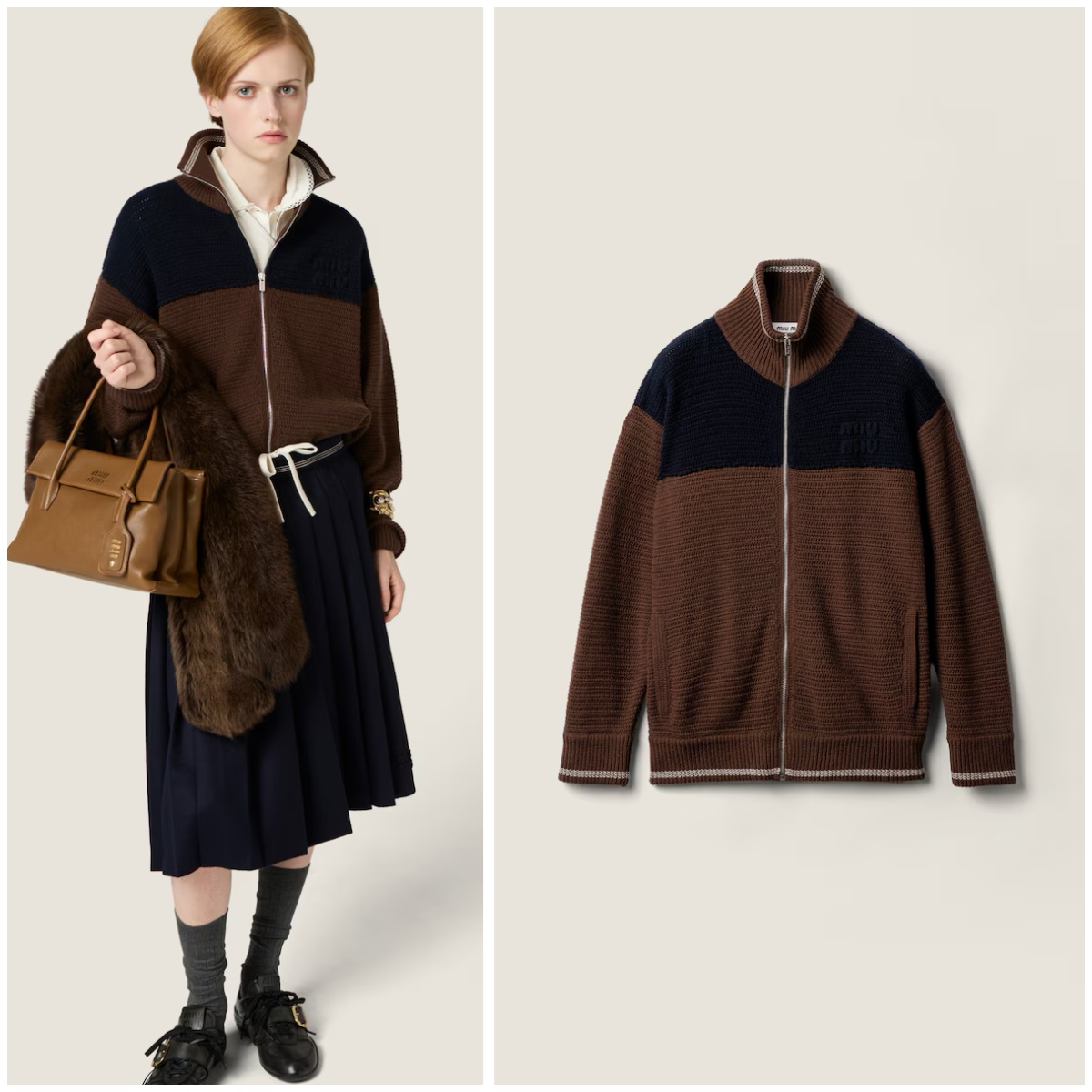 Miu Miu 拼色拉鏈羊絨針織開襟冷衫