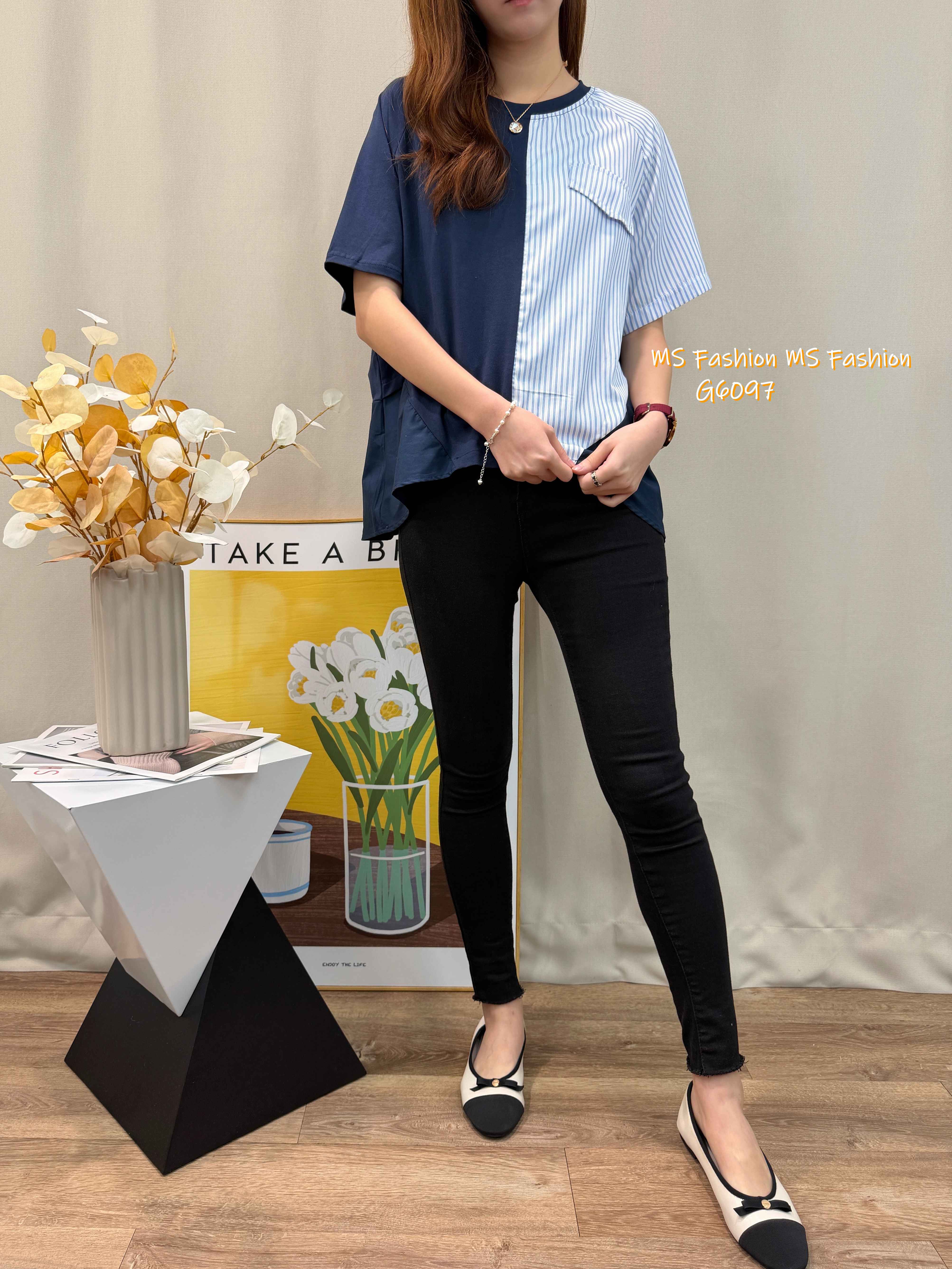 G6097 韓國🇰🇷條子拼布top