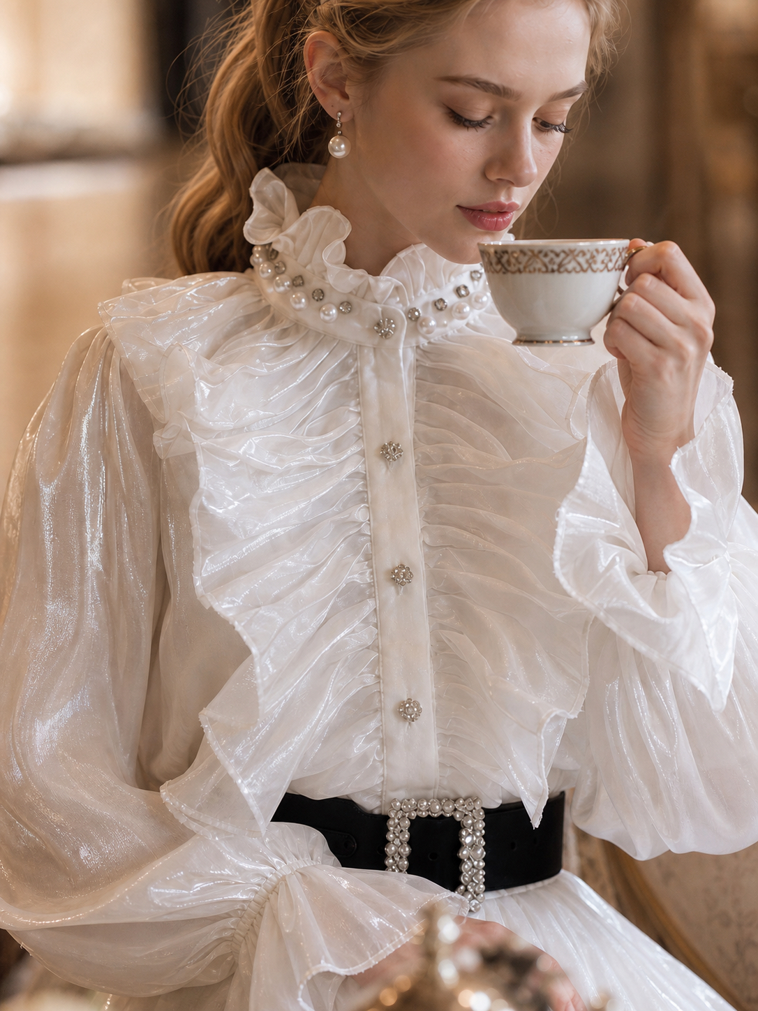 維多利亞夢幻壓摺舞台劇女主角襯衫 Victorian Dream Pleated Prima Donna Blouse
