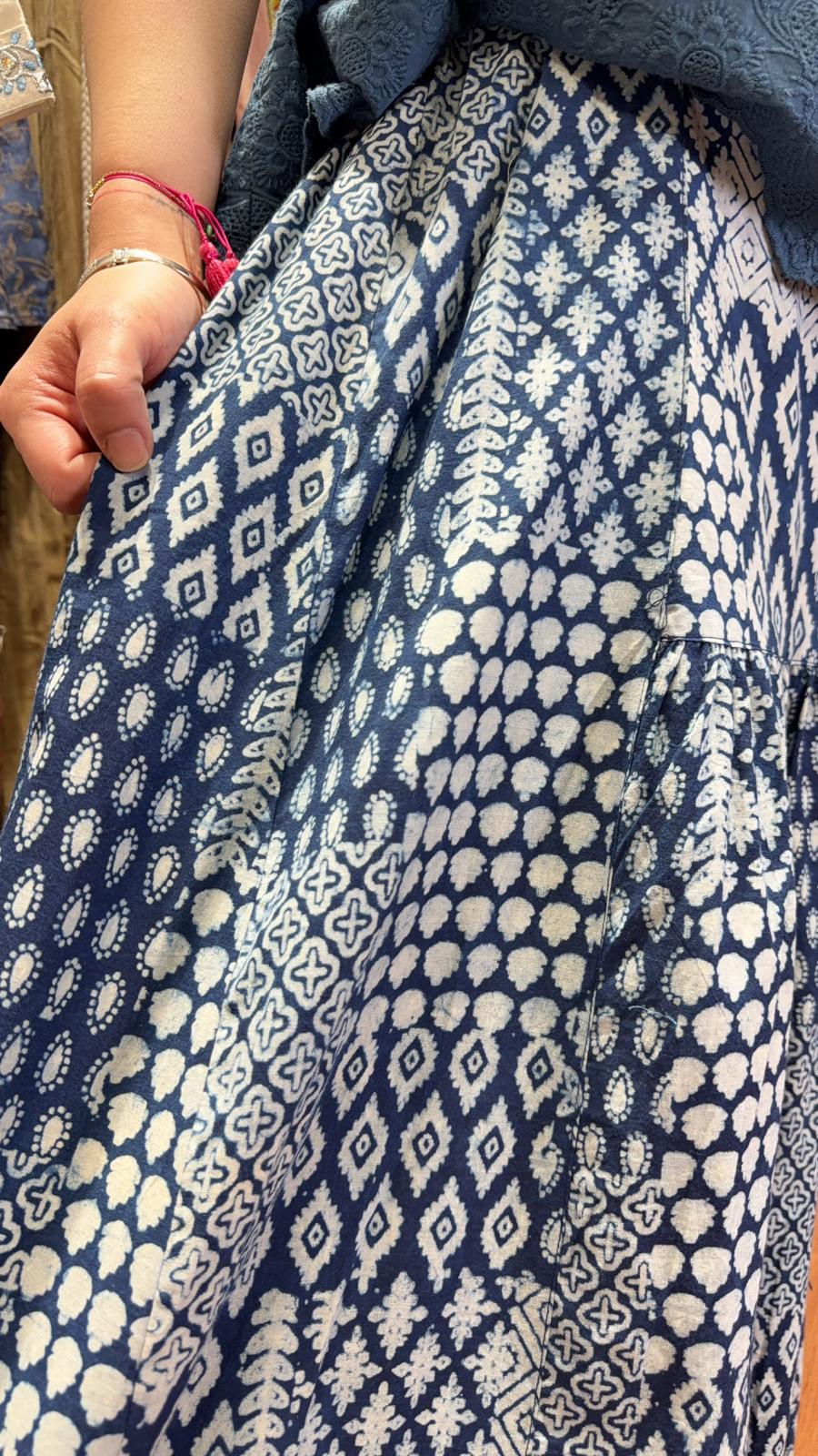 2953 Blue Block Print Patch Work Skirt