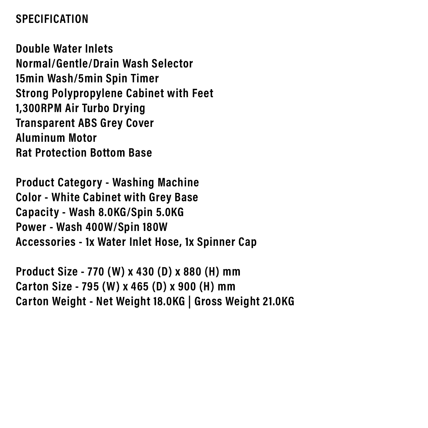 Faber 8kg Semi-Auto Washing Machine FWM SM80GR