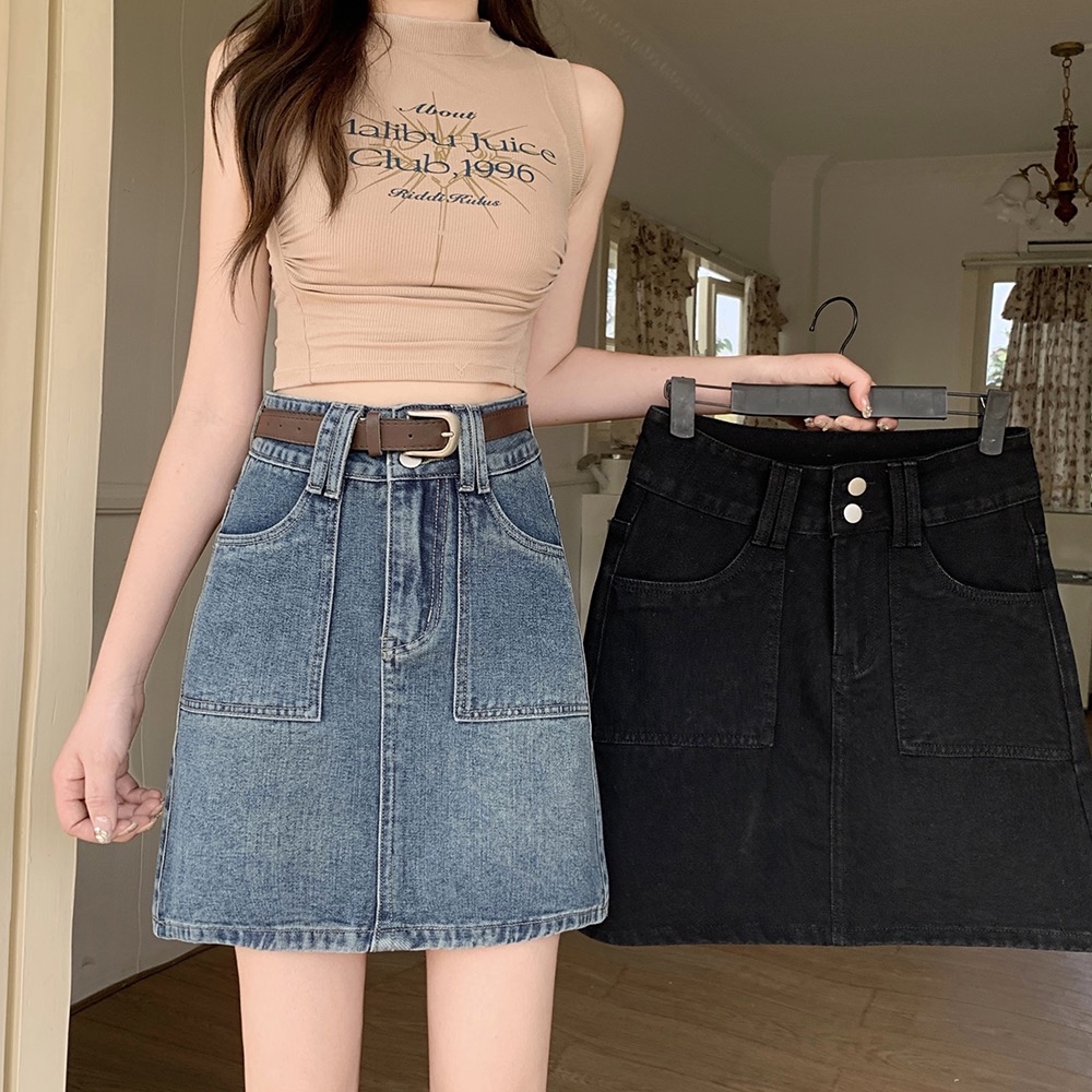 B125(1928) 韩版JEANS直角口袋边双银钮黑蓝短裙