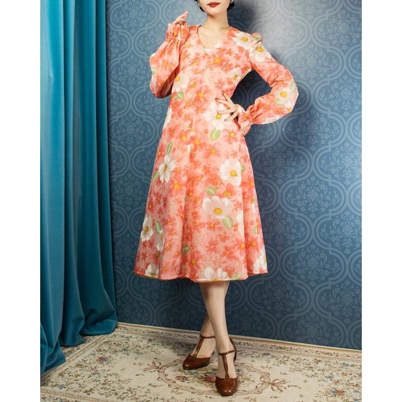 C.a. 1970s Peachy Pink Flower Girl Spring Dress(MU102-11)