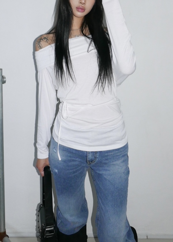 Off Shoulder Tie-Waist Long Sleeve