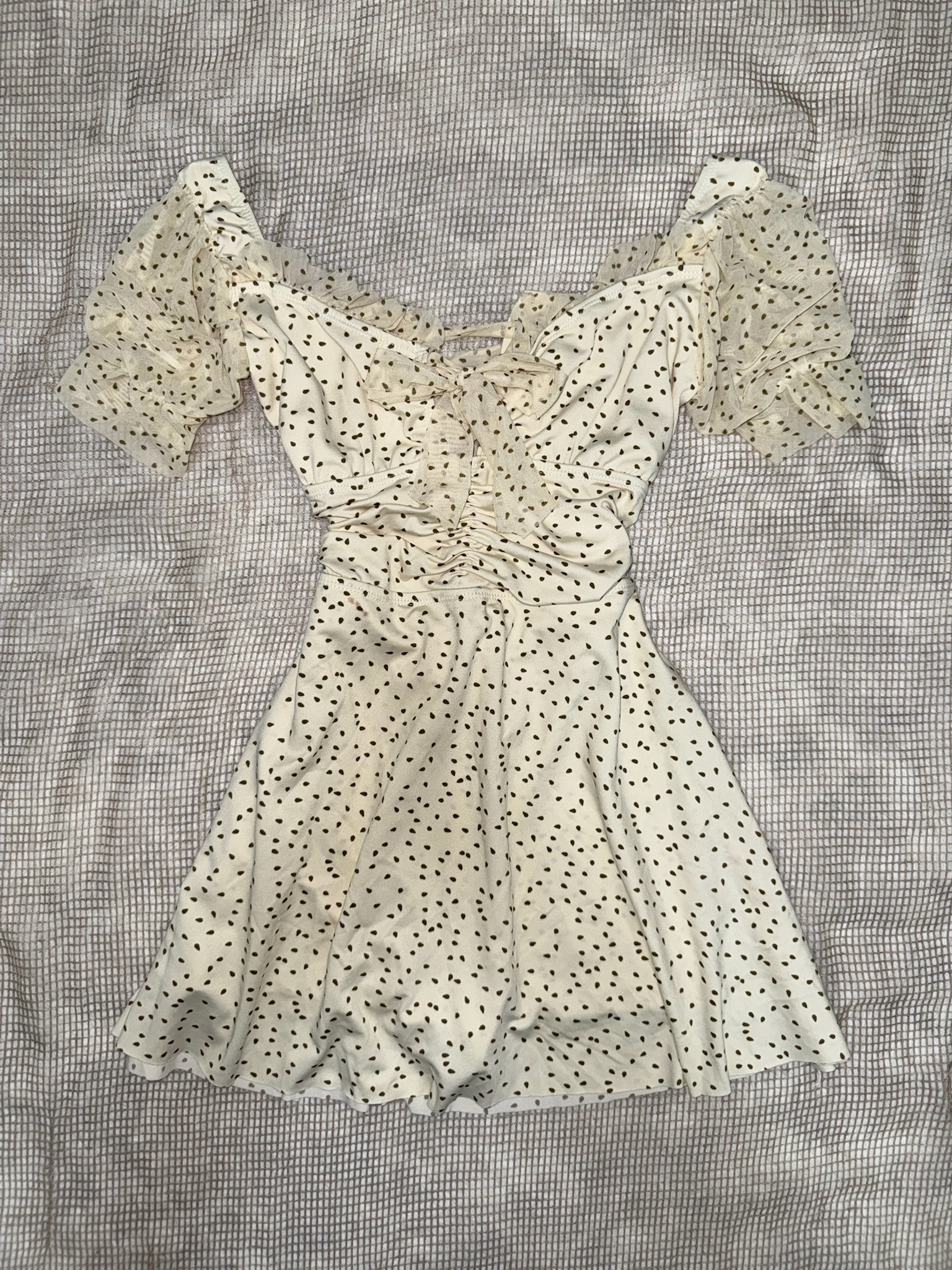 Polka Dot Ruched Bustier Dress with Mesh Sleeves