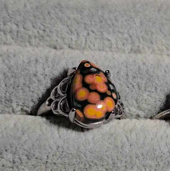 Old stock ocean jasper ring with pink-ringed yellow orbs (A) - JW33