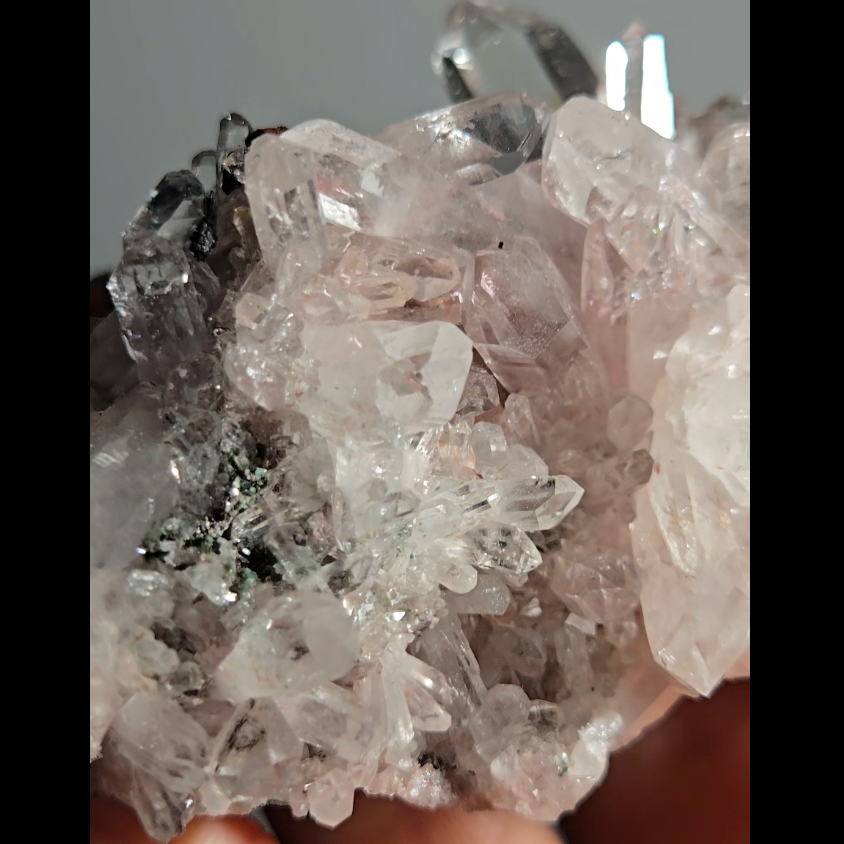 Pink Lemurian quartz cluster with green chlorite inclusions - LQ191