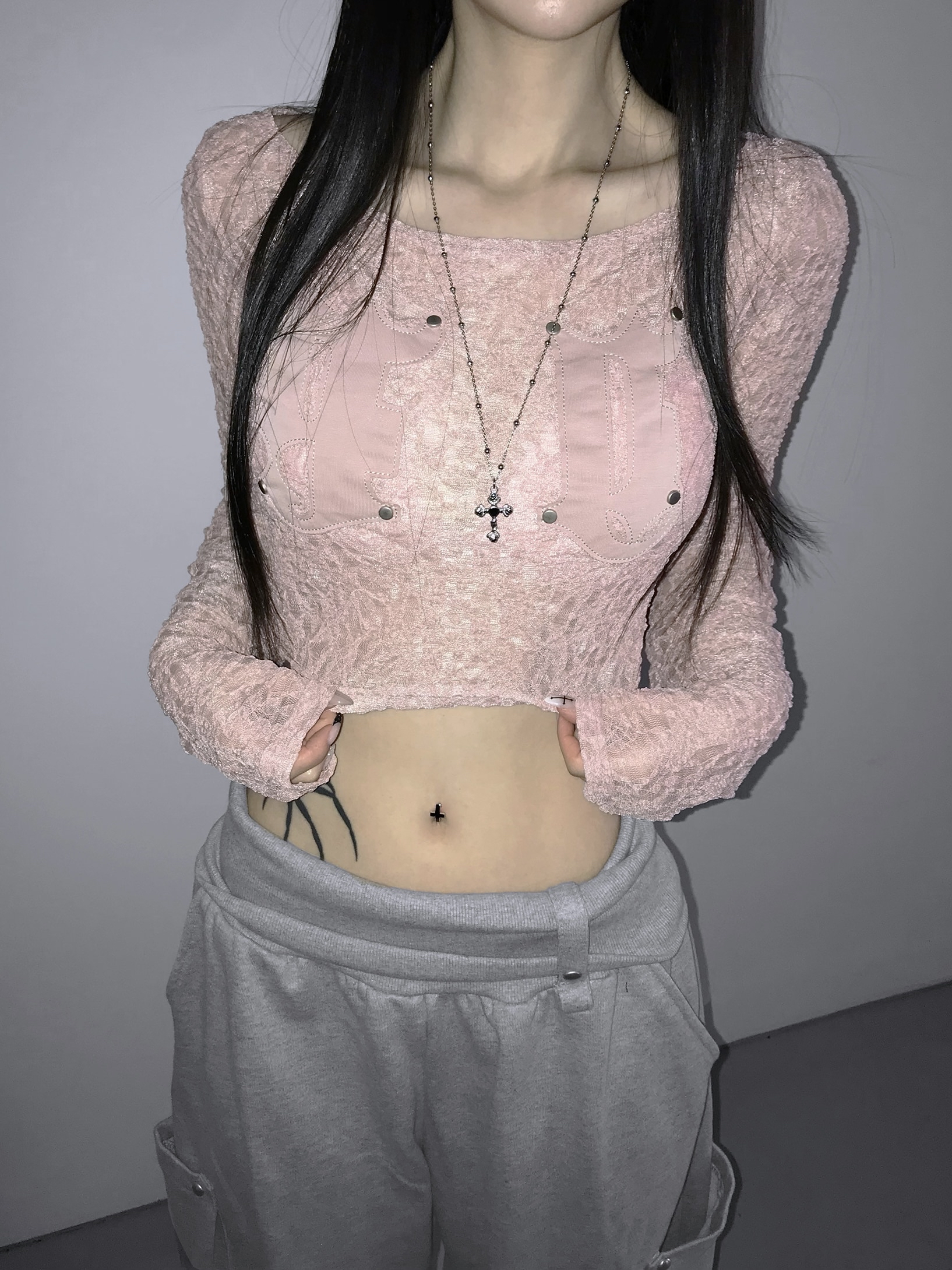 Sheer Lace Round Neck Crop Top