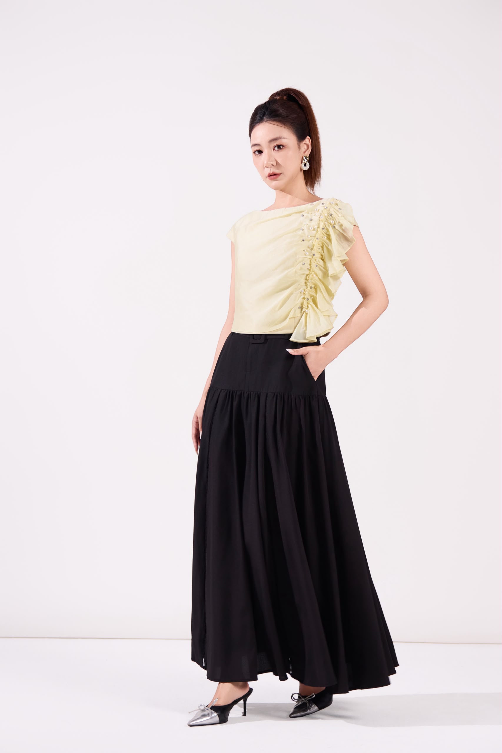 10141364 Pearl Ruffle Draped Blouse
