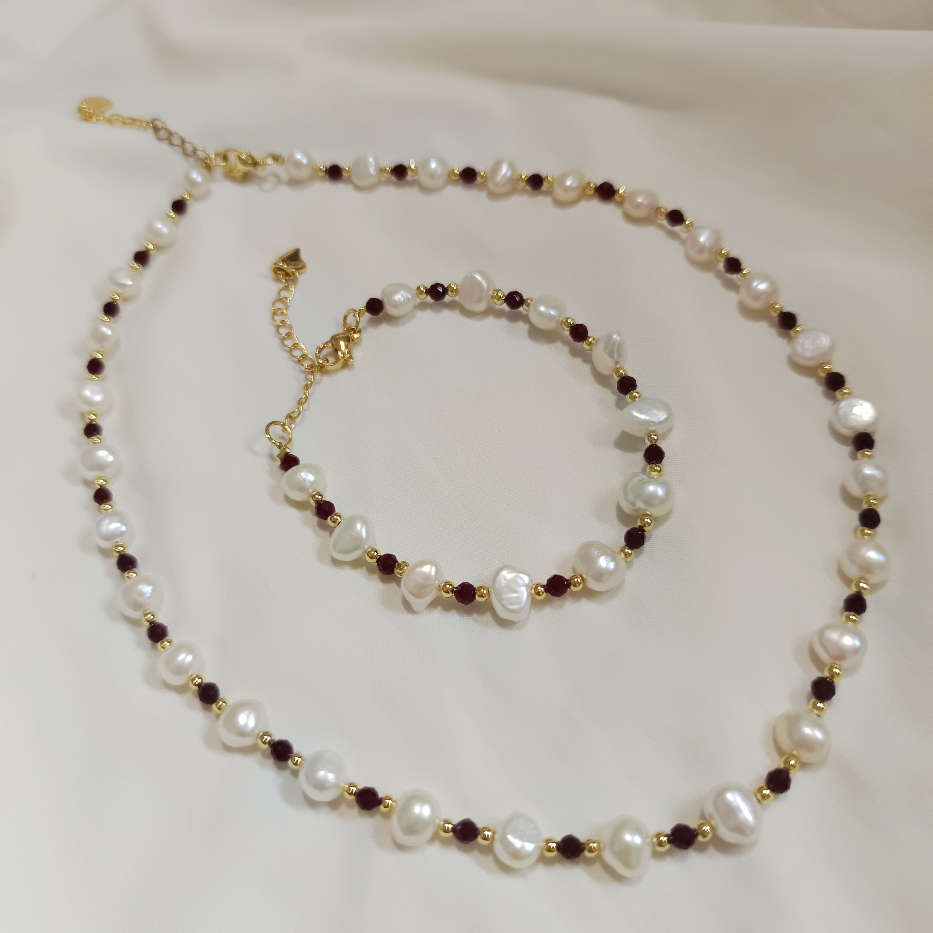 🎉99特惠精品🎉淡水巴洛克珍珠+石榴石時尚鎖骨鍊手鍊套裝