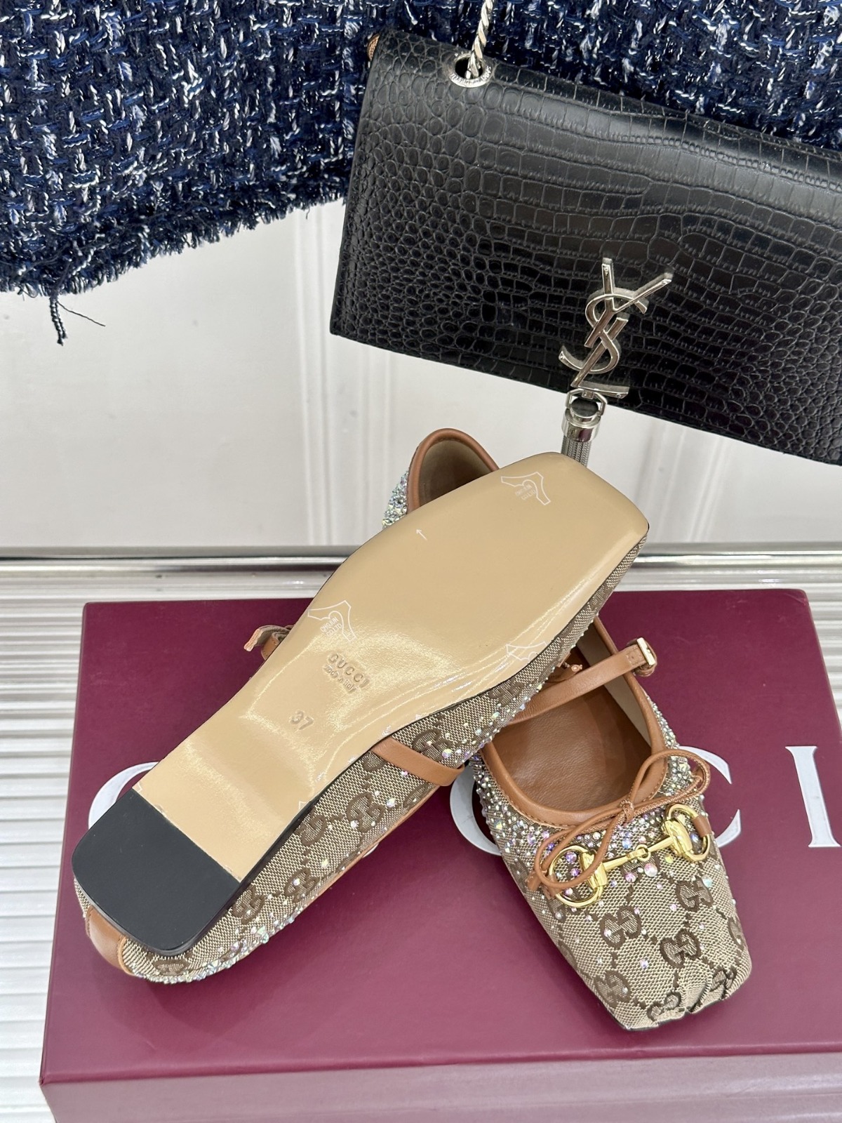 【原單】GUCCI GG Crystal Horsebit Ballet Flats 馬銜扣蝴蝶結彩鑽芭蕾鞋