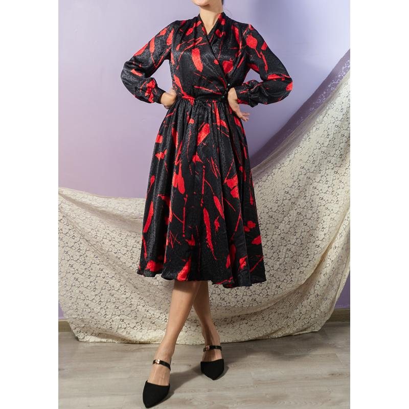 Vintage Japanese C.a. 1980s Red Stoke Pattern Half Wrap Full Flare Dress(MT1608-144)