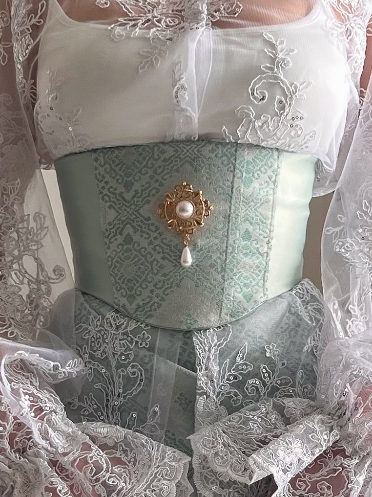 Songket Underbust Corset and Pareo Skirt in Mint Green with Angel Blouse in True White