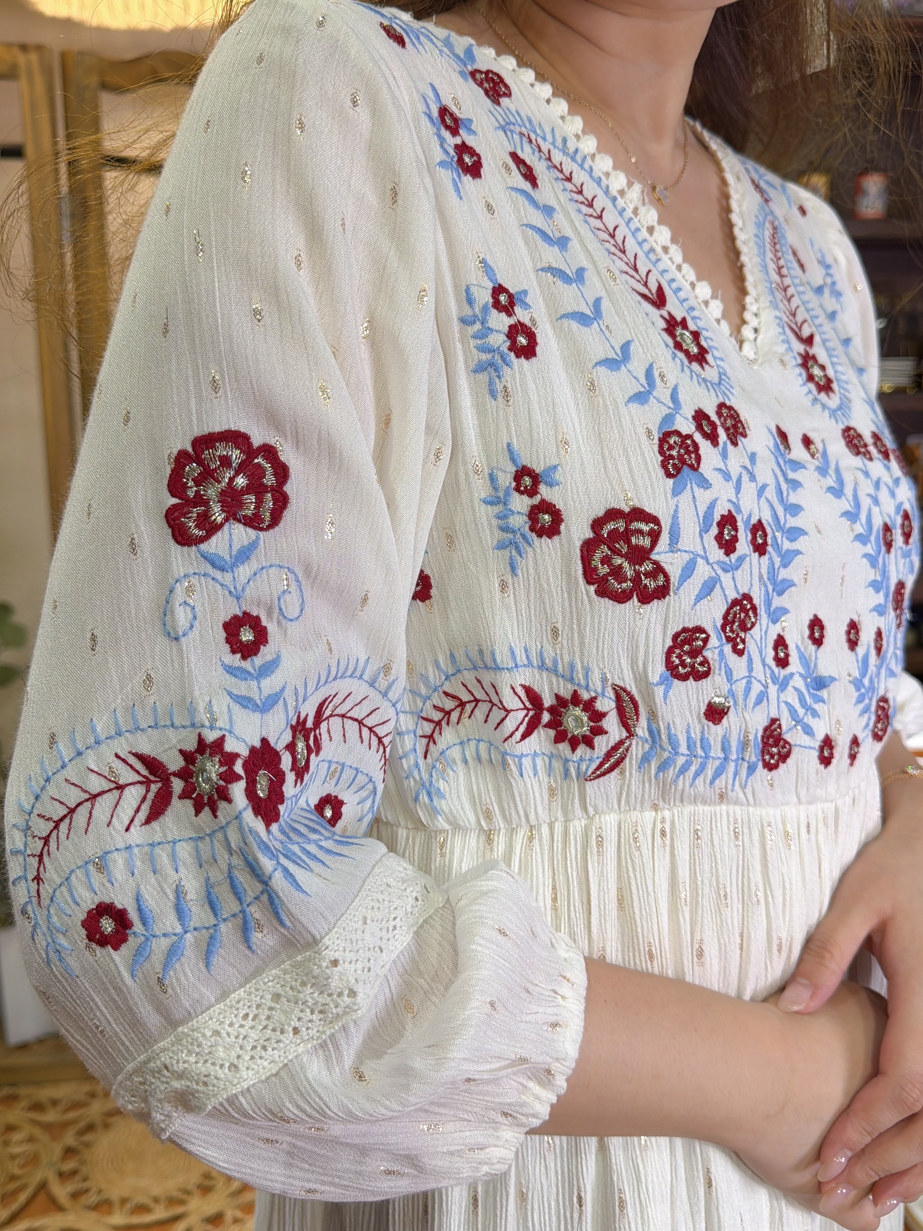 2113 Pure White V  Neck Floral Emb OP 53"