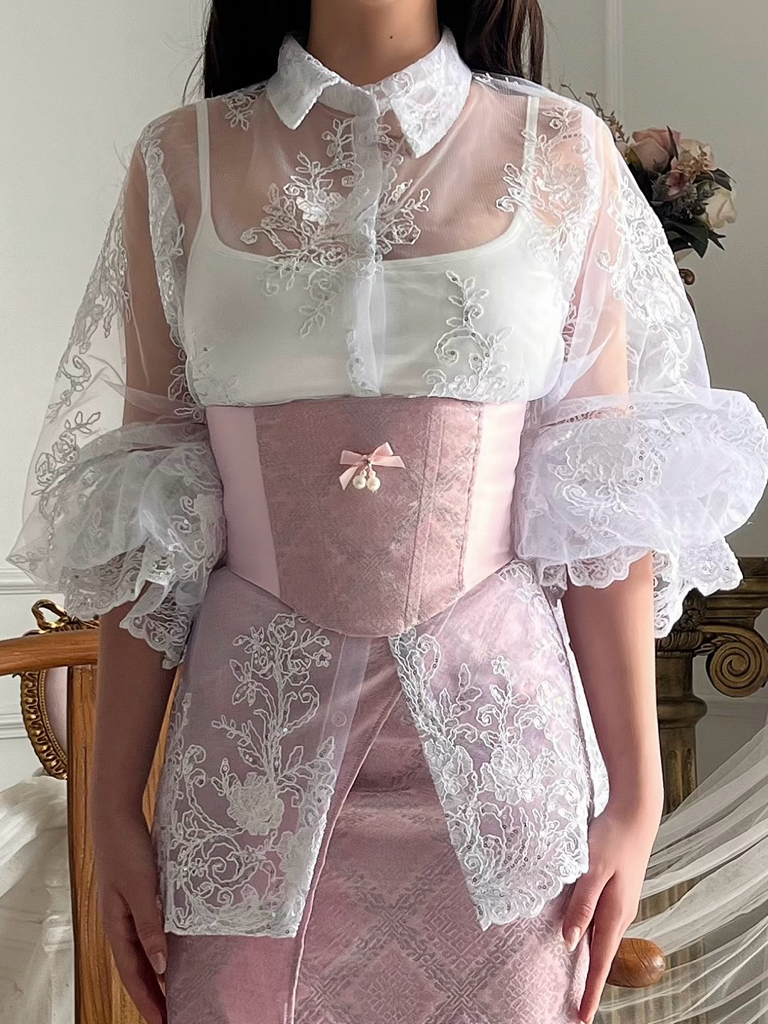Songket Underbust Corset and Pareo Skirt in Baby Pink with Angel Blouse in True White